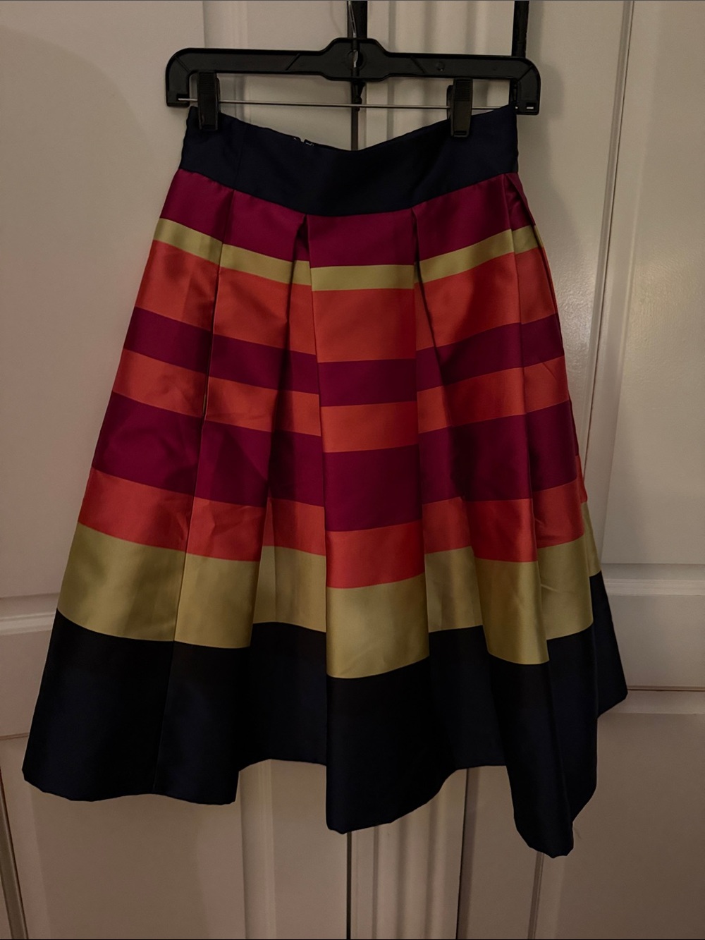Striped A-Line Midi Skirt in Navy, Magenta, Orange and Olive